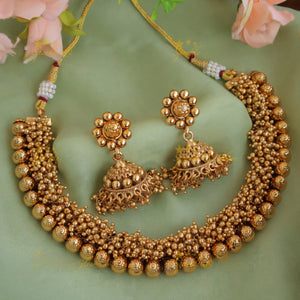 Golden Gajra necklace set handcrafted with layered golden ball beads in a traditional South Indian bridal style.