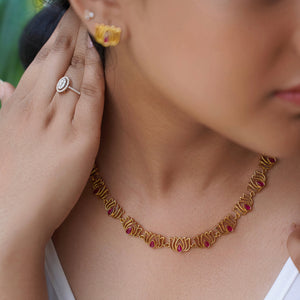 Rajnandini Lotus Garland Necklace Set featuring alternating lotus motifs with lotus pink kundan stones, antique gold finish, and matching earrings.