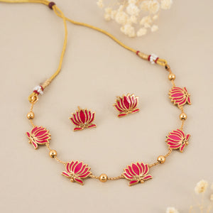 Padmavathi Blossom choker set with ruby red enamel lotus motif, gold link chain, and matching stud earrings in a regal temple design.