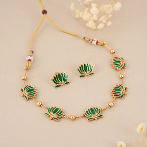 Padmavathi Blossom choker set with emerald green enamel lotus motif, gold link chain, and matching stud earrings in a traditional temple design.