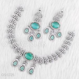 Mint Diamond Cut Necklace Set featuring Regal Drop Symphony design with oval stones and teardrop details – Perfect for Bridal & Festive Look – Ornatales