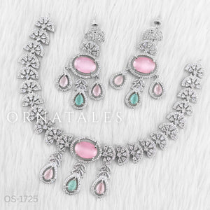 Pink and Mint Diamond Cut Necklace Set featuring Regal Drop Symphony design with oval stones and teardrop accents – Perfect for Bridal Look – Ornatales