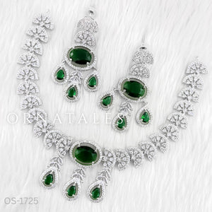 Emerald Green Diamond Cut Necklace Set featuring Regal Drop Symphony design with teardrop and leaf motifs – Perfect for Bridal & Party Look – Ornatales