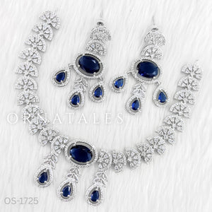 Royal Blue Diamond Cut Necklace Set featuring Regal Drop Symphony design with oval stones and teardrop accents – Perfect for Bridal Look – Ornatales