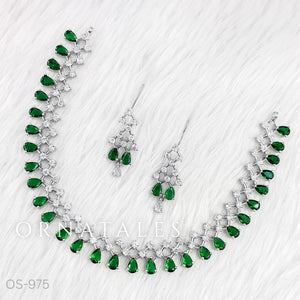 Emerald Green Diamond Cut Necklace Set featuring Elegant Grace Drop design with symmetrical teardrop and diamond cluster motifs – Perfect for Bridal Look – Ornatales