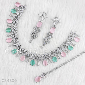 Pink & Mint Diamond Cut Necklace Set featuring Imperial Drop Flora design with floral motifs and teardrop stones – Perfect for Bridal & Festive Look – Ornatales