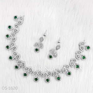 Emerald Green Diamond Cut Necklace Set featuring Classic Bloom Cluster design with floral-inspired clustered motifs and diamond halos – Perfect for Bridal & Festive Look – Ornatales