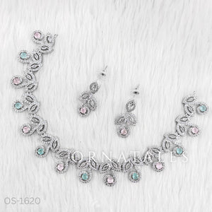 Pink & Mint Diamond Cut Necklace Set featuring Classic Bloom Cluster design with floral-inspired clustered motifs and diamond halos – Perfect for Bridal & Festive Look – Ornatales