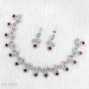 Ruby Red Diamond Cut Necklace Set featuring Classic Bloom Cluster design with floral-inspired clustered motifs and diamond halos – Perfect for Bridal & Festive Look – Ornatales