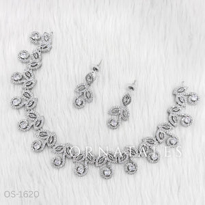 Crystal White Diamond Cut Necklace Set featuring Classic Bloom Cluster design with floral-inspired clustered motifs and diamond halos – Perfect for Bridal & Festive Look – Ornatales