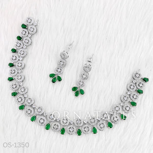 Emerald Green Diamond Cut Necklace Set featuring floral cluster and teardrop stones – elegant bridal jewellery – Ornatales