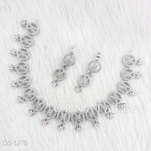 Pink Diamond Cut Necklace Set with interlinked round loops and pink droplet stones – elegant jewellery with matching earrings – Ornatales