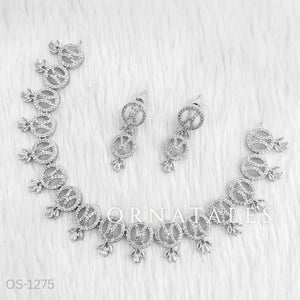 Crystal White Diamond Cut Necklace Set with interlinked round loops, droplet stones, and matching earrings – festive & wedding jewellery – Ornatales