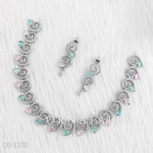 Pink & Mint Diamond Cut Spiral Necklace Set with droplet stones and matching earrings – elegant swirl design – Ornatales