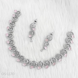 Pink Diamond Cut Spiral Necklace Set with droplet stones and matching earrings – elegant twirl design – Ornatales