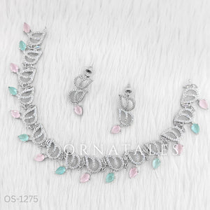 Pink & Mint DiamondCut Necklace Set with wave-like looping structure and droplet stones – matching earrings – Ornatales