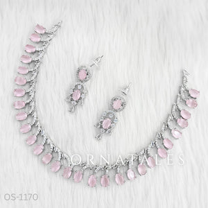Pink Diamond Cut Necklace Set with linear alternated oval and round stones – matching earrings – Ornatales