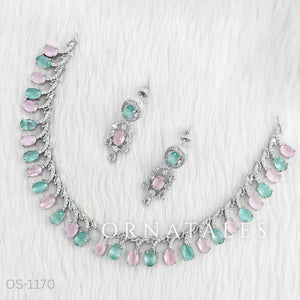 Pink & Mint Diamond Cut Necklace Set with linear alternated oval and round stones – matching earrings – Ornatales