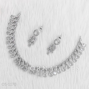 Crystal White Diamond Cut Necklace Set with linear alternated oval and round stones – matching earrings – Ornatales