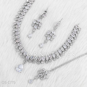 Crystal White Diamond Cut Chandelier Necklace Set with matching earrings and tikli – Ornatales