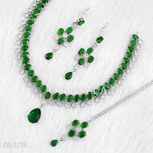 Emerald Green Diamond Cut Chandelier Necklace Set with matching earrings and tikli – Ornatales