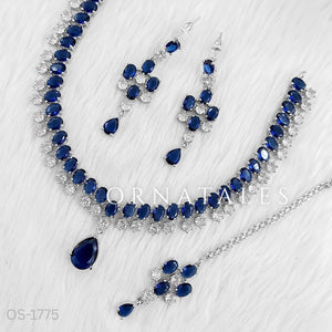 Royal Blue Diamond Cut Chandelier Necklace Set with matching earrings and tikli – Ornatales