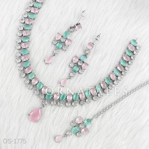 Pink & Mint Diamond Cut Chandelier Necklace Set with matching earrings and tikli – Ornatales