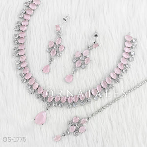 Pink Diamond Cut Chandelier Necklace Set with matching earrings and tikli – Ornatales