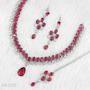 Magenta Diamond Cut Chandelier Necklace Set with matching earrings and tikli – Ornatales