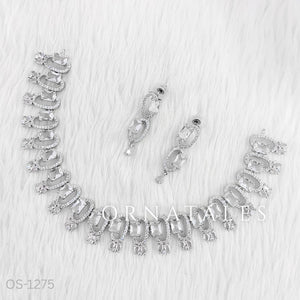 Crystal White Diamond Cut Necklace Set featuring rectangular block stones and twin diamond clusters – Ornatales
