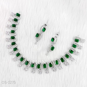 Emerald Green Diamond Cut Necklace Set featuring rectangular block stones with twin diamond clusters – Ornatales