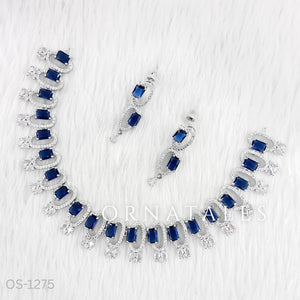 Royal Blue Diamond Cut Necklace Set featuring rectangular block stones with twin diamond clusters – Ornatales