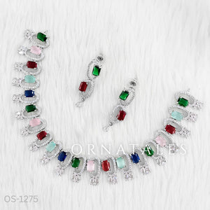 Multicolor Diamond Cut Necklace Set featuring rectangular block stones with twin diamond clusters – Ornatales