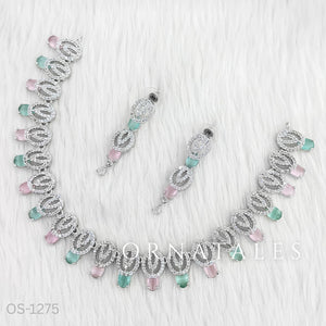 Pink & Mint Diamond Cut Necklace Set featuring spiral motifs with teardrop stones – Ornatales