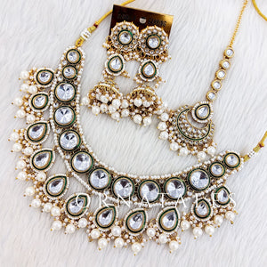 White Pearl Kundan Necklace Set featuring Rajwada drop motif with meenakari detailing and pearl drops – perfect bridal jewellery – Ornatales