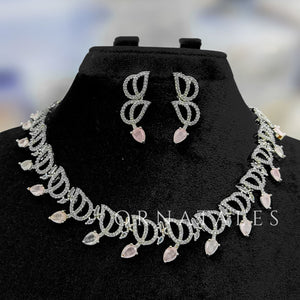 Pink Diamond Cut Necklace Set with wave-like looping structure and droplet stones – matching earrings – Ornatales
