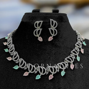 Pink & Mint DiamondCut Necklace Set with wave-like looping structure and droplet stones – matching earrings – Ornatales