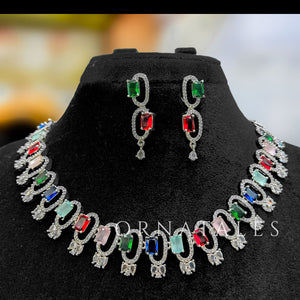 Multicolor Diamond Cut Necklace Set featuring rectangular block stones with twin diamond clusters – Ornatales