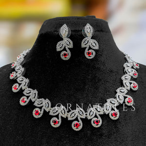 Ruby Red Diamond Cut Necklace Set featuring Classic Bloom Cluster design with floral-inspired clustered motifs and diamond halos – Perfect for Bridal & Festive Look – Ornatales