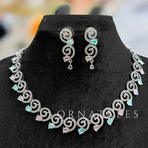 Pink & Mint Diamond Cut Spiral Necklace Set with droplet stones and matching earrings – elegant swirl design – Ornatales