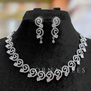 Pink Diamond Cut Spiral Necklace Set with droplet stones and matching earrings – elegant twirl design – Ornatales
