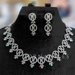 Pink & Mint Diamond Cut Necklace Set with interlinked loops and droplet stones – bridal and festive jewellery with matching earrings – Ornatales