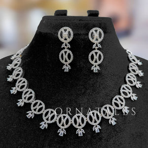 Crystal White Diamond Cut Necklace Set with interlinked round loops, droplet stones, and matching earrings – festive & wedding jewellery – Ornatales