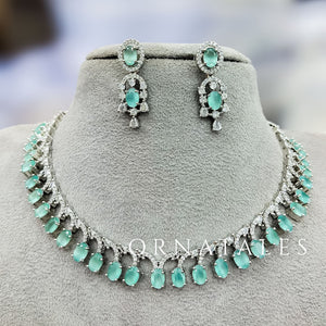 Mint Diamond Cut Necklace Set with linear alternated oval and round stones – matching earrings – Ornatales