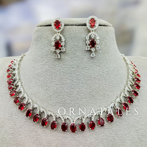 Ruby Red Diamond Cut Necklace Set with linear alternated oval and round stones – matching earrings – Ornatales