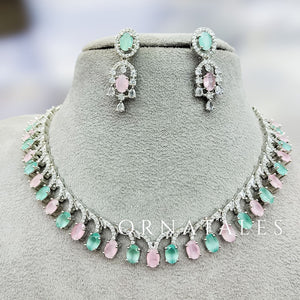 Pink & Mint Diamond Cut Necklace Set with linear alternated oval and round stones – matching earrings – Ornatales