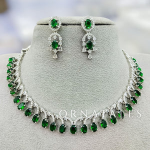 Emerald Green Diamond Cut Necklace Set with linear alternated oval and round stones – matching earrings – Ornatales