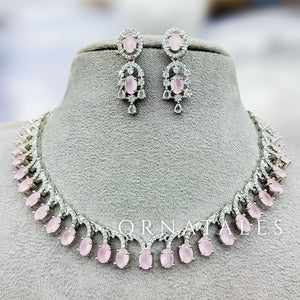 Pink Diamond Cut Necklace Set with linear alternated oval and round stones – matching earrings – Ornatales