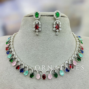Multicolor Diamond Cut Necklace Set with linear alternated oval and round stones – matching earrings – Ornatales