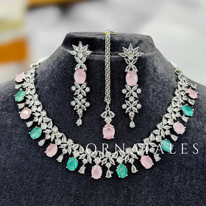 Pink & Mint Diamond Cut Necklace Set featuring Imperial Drop Flora design with floral motifs and teardrop stones – Perfect for Bridal & Festive Look – Ornatales
